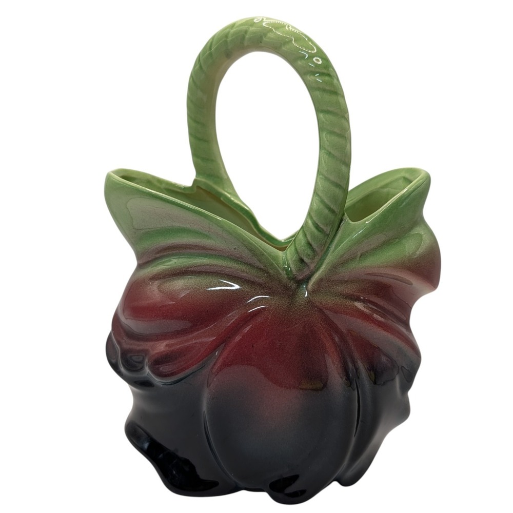 Vintage Hull Pottery Basket Vase Green Red Black Mid Century Modern‎ Unmarked